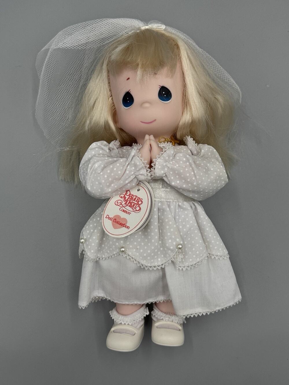 Vintage Precious Moments Praying Christina Blonde Doll White Communion Dress 11”